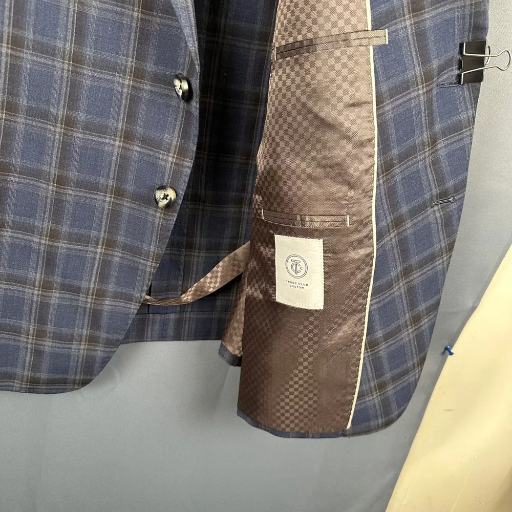 Trunk Club Custom Mens Blue Brown Plaid Wool Blend Blazer Sport Coat C203 50R